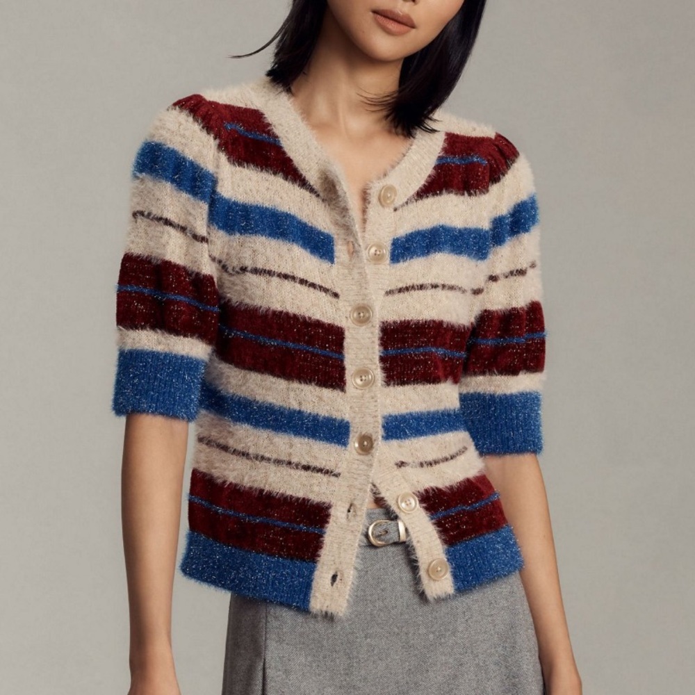 Anthropologie Maeve Striped Fuzzy Cardigan Sweater, NEW